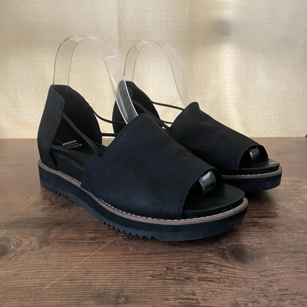 Eileen Fisher Womens Ken Tumbled Nubuck Sandal Sz 7.5 Black Leather Minimalist